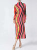 High Collar Long Sleeve Women Dresses Contrast Color Striped Pleated Slim Mid-Calf Elegant Clothing 2DC1022