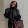 Double Zip Rib Collar Women Cropped Jacket Long Sleeve Side Pockets Loose Oversized Solid Autumn Coats Daily Chic Jackets