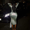 Sexy Gradient Color Irregular Ribbon Dresses Woman Deep V Long Sleeve Shirring Bodycon Dress Elegant Party Clubwear
