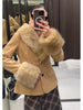 Women Vintage Floral Jacquard Faux Fur Trim Jacket V Neck Single Button Furry Cuff Cropped Coats Vintage Winter Warm Party Coat
