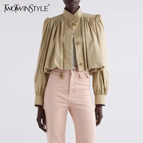 Loose Spliced Folds Short Jackets for Women Stand Neck Long Sleeves Patchwork Single Breasted Jacket Female