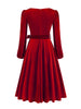Red Velvet Christmas Elegant Party Women Dress Square Neck Long Bishop Sleeve Autumn Winter Belted Swing Dresses