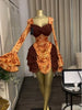 Women Tie Dye Print Ruffles Long Sleeve Bodycon Ruched Draped V-neck Dress Fall Street Birthday Vacation Dresses