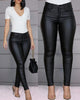 Locomotive Wind Leather Pants High Waist Solid Black Slightly Flared Pants For Women Comfortable Stretchy Trousers All-Match
