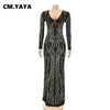 Women Long Sleeve V-neck Rhinestones Slit Back Crystal Bodycon Maxi Dress Sexy Club Party Pencil Evening Long Dress