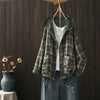 Womens Autumn Cotton Yarn Plaid Hooded Shacket Japanese Style Hooded Long Sleeve Shirt Jacket Outwear Cardigan