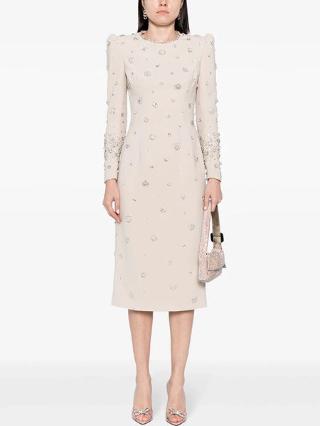 High Street Designer Party Vestido Women's Formal Long Sleeve Beaded Midi Dress