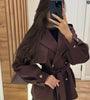 Women Short Belted Trench Coat Lapel Double Breasted Long Puff Sleeve Loose Fit Jacket Casual Daily Office Ladies Outerwear
