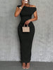 Water Ripple Slanted Shoulder Dress Women's Elegant And Simple Solid Color A-line Collar Mid-waist Sexy Hip Wrap Skirt
