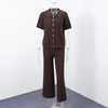 Brown V-Neck Knit Shirt Pants Set Women Solid Long Sleeve Top Empire Straight Loose Trousers Lady Spring Suit
