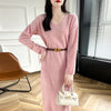 100% Merino Wool Women Long Dress Sweater V-Neck Pullover Long Dress Versatile Cashmere Knitwear Bottoming Clothing