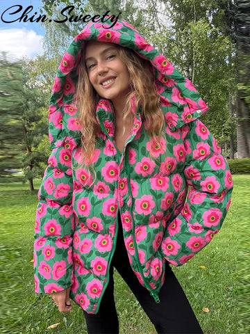 Winter Thicken Women Coat Casual Hooded Long Sleeve Zippers Pocket Print Female Outwear Lady Oversize Jacket