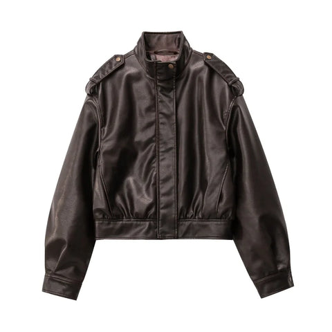 Original, high-quality women's leather-effect blazer with a stand-up collar, for ladies