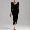 European and American Women's Casual Gold Velvet Sexy Long-Sleeve Slim Pleated Long Split Bodycon Dress