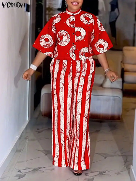 5XL Vonda Plus Size 2 Piece Outfits Autumn Women Bohemian 3/4 Sleeve Shirts Wide Leg Pants Print Vintage Pant Sets 2PCS