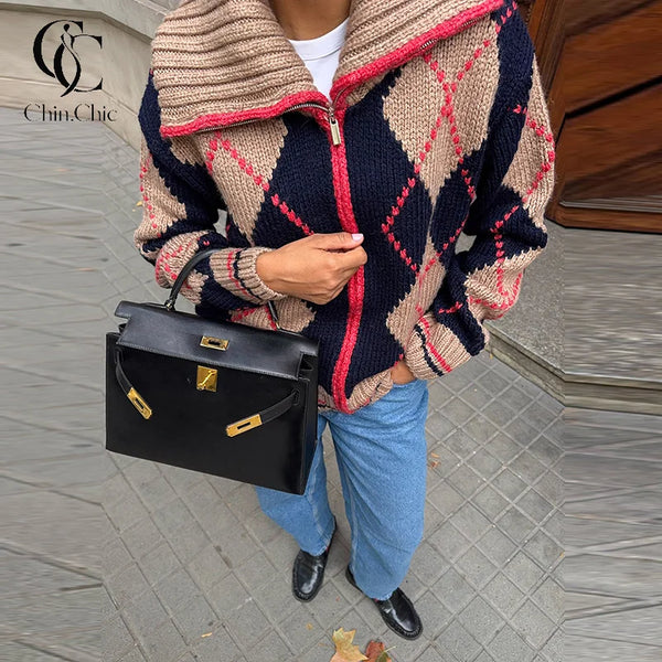 Color Block Argyle Knitted Women Cardigan Oversized Lapel Collar Long Sleeve Sweater Coat Fall Winter Warm Loose Knitwear