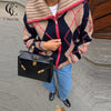 Color Block Argyle Knitted Women Cardigan Oversized Lapel Collar Long Sleeve Sweater Coat Fall Winter Warm Loose Knitwear