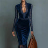 Elegant Women's Slim Dress Sexy Lece Sleeve Hollow Out Velvet Lace Splice Party Evening Vintage Casual Midi Dress for Spring