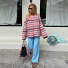 Chic Stripe Scarf Loose Sweater Women Autumnn Full Sleeve O-neck Single Breasted Knitted Coat Female Lady Cardigan