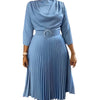Elegant Office Dress Pleated for Women Professional Round Neck Full Sleeve Belt Waisted Mid Calf Formal Business Work Dress