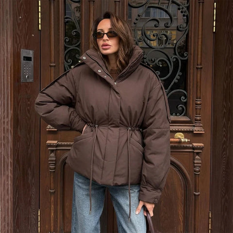 Women Brown Drawstring Waist Puffer Jacket Stand Collar Warm Cotton Padded Coat Casual Oversized Winter Parka Outerwear