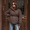 Women Brown Drawstring Waist Puffer Jacket Stand Collar Warm Cotton Padded Coat Casual Oversized Winter Parka Outerwear