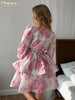 Sexy Loose Print Women's Dress V-Neck Puff Sleeve Mini Dresses Elegant Classic High Waist Pleated Female Dress