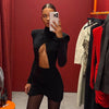 Black Hollow Out Mini Dress Women Chic Long Sleeves Waist Cinching Slim Short Dresses Lady Evening Party Vestidos