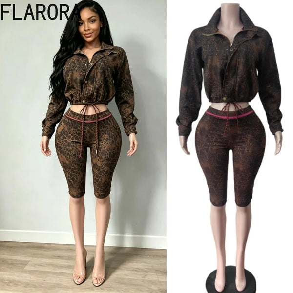 Leopard Print 2 Piece Sets Woman Lapel Full Sleeve Zip Crop Jackets And Skinny Shorts Hottie Street Suits