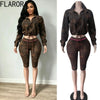 Leopard Print 2 Piece Sets Woman Lapel Full Sleeve Zip Crop Jackets And Skinny Shorts Hottie Street Suits