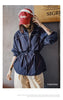 Women's Lightweight Stand Collar Short Windbreaker Jacket Navy Blue Contrast Parka with Waist Cinching for Spring and Fall
