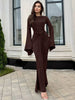 Autumn Elegant O-Neck Long Flare Sleeve Ruched Slim Fit Ribbon Long Dress Women'S Solid Casual Party Club Outfit