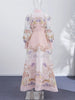 Women Puff Sleeve Dress Retro Floral Lace Dresses Ruffle Tiered Belted Clothes Waist Bohemian Holiday Maxi Gown Semmer Wear