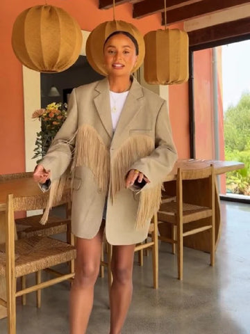 Vintage Chic Oversized Blazer Coat Women Lapel Tassel Splicing Single Breasted Suede Loose Suit Jacket Street Festival Outerwear