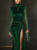 Elegant Party Evening Maxi Dress for Women's Split Hem Knot Ruched Mesh Velvet Splice Turtleneck Long Sleeve Cocktail Dress