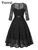 Sweetheart Neck Elegant Lace Long Swing Dress Women 3/4 Length Sleeve Belted Spring Autumn Vintage Ladies Midi Dresses