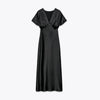 Elegant Printed Satin Long Dress Women Slim Lace Up V-neck Full Sleeve Pleat Dresses Autumn Lady Party Evening Robes