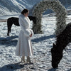 Women Detachable Faux Fur Collar Long Wool Blend Elegant A‑line Maxi Dress Coat Winter Vintage Slim Fit Wedding Outerwear