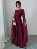 Women Elegant Floor Length Dress Pleated Long Sleeve O Neck Solid Middle East Style Evening Dresses For Party