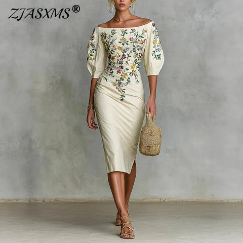 Spring Elegant Floral Print Slim Female Clothing Sexy Slash Neck Hollow Slit Party Dresses Woman Casual Half Sleeve Autumn Dress