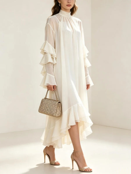 Women Chiffon Maxi Dress High Neck Tiered Ruffle Loose Irregular Hem Elegant Party Wedding Guest Long Dresses with Innerwear