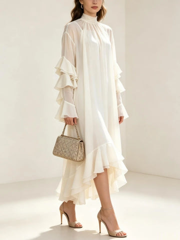 Women Chiffon Maxi Dress High Neck Tiered Ruffle Loose Irregular Hem Elegant Party Wedding Guest Long Dresses with Innerwear