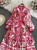 Spring Autumn Retro Palace Long Sleeved Standing Neck Waist Slim Appearance Single woman Breasted A-line Celadon Print Dress