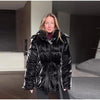 Shiny Belted Waist Jacket For Women Casual Detachable Hood Zipper Pockets Coat Lady Winter Chic Street Outerwear