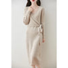 Women V-neck 100% Merino Wool Dress Sweater Autumn Winter Crossing Lace-up Long Sleeve Pullover Knit Skirt Office Lady Knitwear