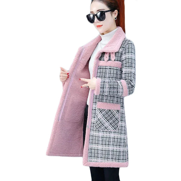 Winter Lamb Wool Woolen Coat Thick Plus Velvet Warm Cotton Coat Women Long Grid Parker Overcoat Plus Size Cold Trench Coats