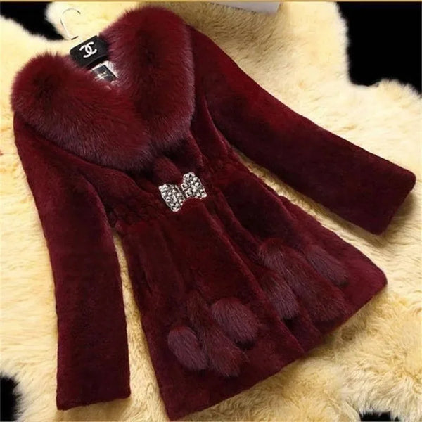 Autumn/Winter Imitation Fur Coat Middle Aged Mother Thicken Warm Fur Collar Coats Women's Medium Length Slim Overcoat