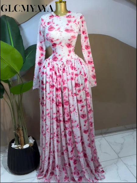 Women Long Sleeve Tie Dye Print O-neck Big Swing Midi A-line Long Maxi Dress Elegant Evening Birthday Party Dresses