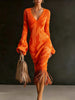 Women's Vintage Camo Print Knitted Maxi Dress Elegant V-Neck High Waist Flare Long Sleeve Slim Fit Tassel Hem Sweater Chic Dress