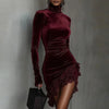 Woman Chic Solid Velvet Patchwork Lace Dress Spring Turtleneck Slim Irregular Party Dress Autumn Long Sleeve Mini Dress